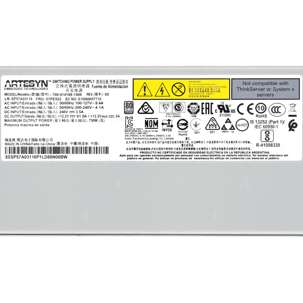 01PE522  LENOVO THINKSYSTEM 750W HOT-SWAP SWITCHING POWER SUPPLY